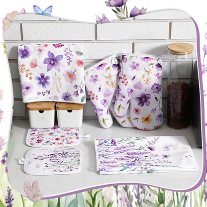 Spring Lavender Oven Mitts and Pot Holders Kitchen Dish Towels Set Purple Flower Spring Kitchen Towels and Dishcloths for Baking Cooking Women BBQ Grilling Hand Dish Gifts