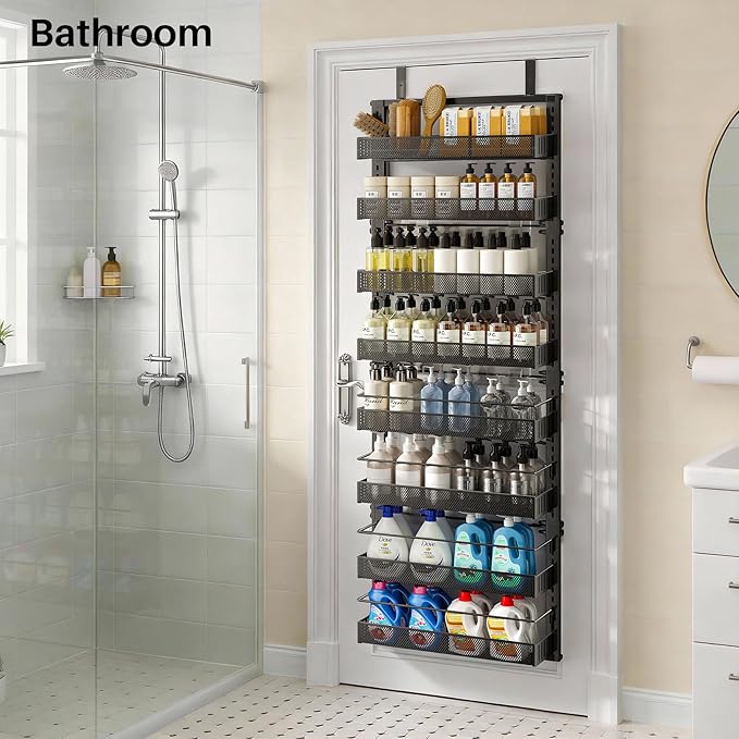 SNTD 8 Tiers Over the Door Organizer - Height Adjustable Pantry Organizers and Storage with Dense Mesh Baskets, Anti-Swing Hanging Door Spice Rack for Kitchen Bathroom (Black, 17" W x 6" D x 69" H) - Image 9