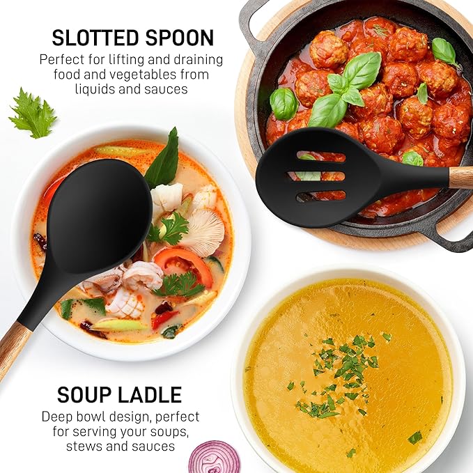 Zulay Kitchen Non-Stick Cooking Utensils Set with Authentic Acacia Wood Handles – 5-Piece Durable & Stylish Silicone Kitchen Utensils Set – Heat Resistant to 464°F – Black - Image 4