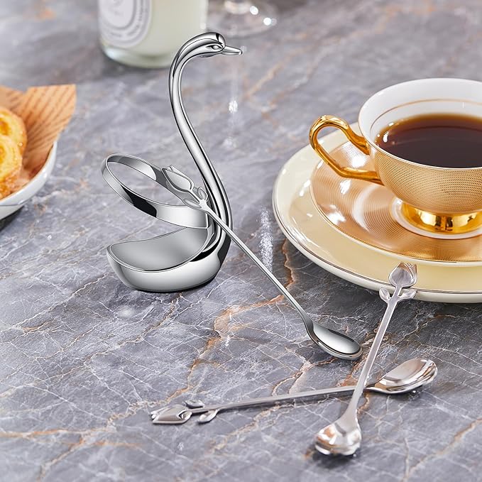 Silver Small Coffee Spoon Holder Set,Swan Base With 12 Pcs Demitasse Espresso Spoons Set,6" Mini Tulip/Rose Dessert Spoon,Stainless Steel Tea Spoons - Image 8