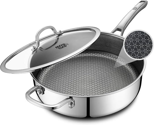Frying Pans Nonstick with Lid,Hybrid Non Stick 6.5 Quart Saute Braiser pan,PFOA Free Cookware,12.5 inch Stainless Steel skillet, Dishwasher and Oven Safe,Works on Induction,Ceramic and Gas Cooktops by SNOWCLAD