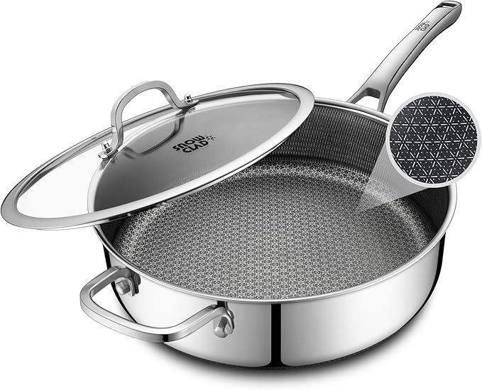 SNOWCLAD Frying Pans Nonstick with Lid,Hybrid Non Stick 5 Quart Saute pan,PFOA Free Cookware,Stainless Steel skillet,12 inch Deep Saute Pan,Dishwasher&Oven Safe,Works on All Cooktops by SNOWCLAD