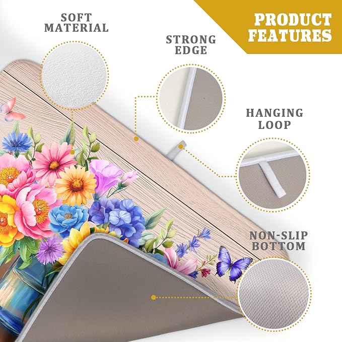 Spring Summer Flowers Dish Drying Mat for Kitchen Counter 18x24in Vintage Colorful Floral Kitchen Drying Mat Soft Absorbent Microfiber Farmhouse Flowers Dish Drainer Rack Mats for Kitchen Countertops