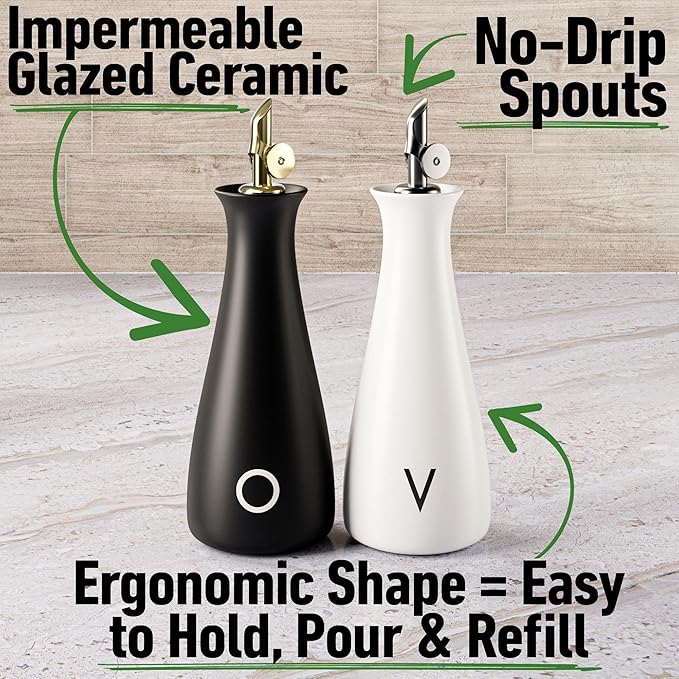 Oil and Vinegar Dispenser Set with Self-Closing Stainless Steel Spouts - 530 ML Capacity Matte Ceramic Leak Proof EVOO & Vinegar Dispensing Bottle Set of 2 - Olive Oil and Vinegar Dispenser Bottle Set - Image 2