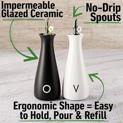 Oil and Vinegar Dispenser Set with Self-Closing Stainless Steel Spouts - 530 ML Capacity Matte Ceramic Leak Proof EVOO & Vinegar Dispensing Bottle Set of 2 - Olive Oil and Vinegar Dispenser Bottle Set - Image 2