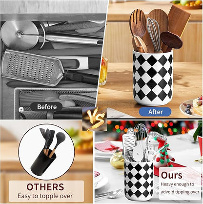 Kitchen Utensil Holder for Countertop， 6.4" Ceramic Utensil Holder Deep and Stable，Kitchen Utensil Organizer，Modern Checkered Utensil Holder for Decor