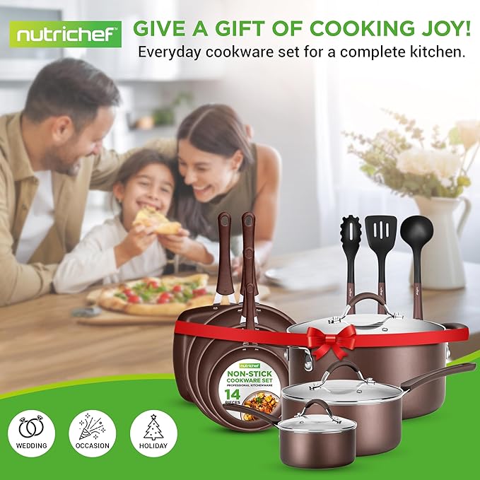 NutriChef 14-Piece Nonstick Brown Cookware Set - Scratch-Resistant Kitchen Pots and Pans with Lids & Utensils, For All Cooktops - NCCW14SBR - Image 8