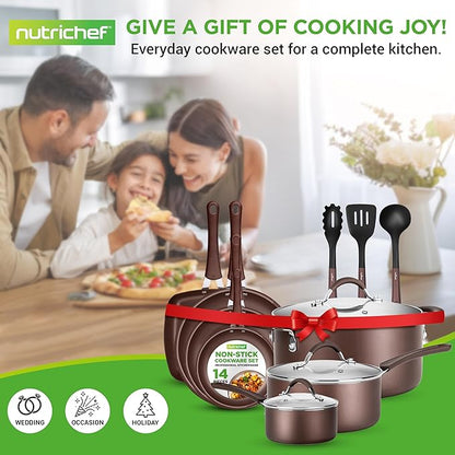 NutriChef 14-Piece Nonstick Brown Cookware Set - Scratch-Resistant Kitchen Pots and Pans with Lids & Utensils, For All Cooktops - NCCW14SBR - Image 8