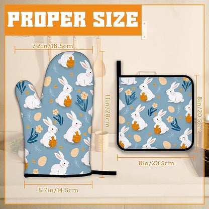 Easter Oven Mitts and Pot Holders Set,Cute Rabbit Kitchen Decor Heat Resistant Non Slip Hot Pads and Oven Mitt for Chef Cooking Baking BBQ Mom Girl Gifts(4 Piece Set)
