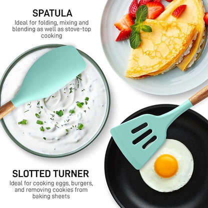 Zulay Kitchen Non-Stick Cooking Utensils Set with Authentic Acacia Wood Handles – 5-Piece Durable & Stylish Silicone Kitchen Utensils Set – Heat Resistant to 464°F – Aqua - Image 5