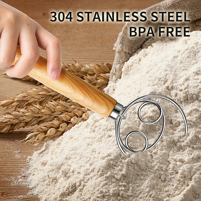 TEEVEA Danish Dough Whisk Stainless Steel Wooden Handle for Sourdough Pizza Bread Baking - Image 3