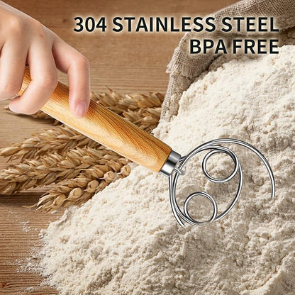 TEEVEA Danish Dough Whisk Stainless Steel Wooden Handle for Sourdough Pizza Bread Baking - Image 3