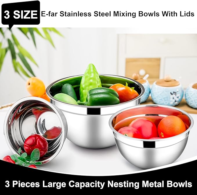 E-far Mixing Bowls with Lids, 6-Piece Stainless Steel Salad Bowls Metal Nesting Bowls for Baking Cooking and Prepping, Airtight Lids & Stackable Design, Size 4.5, 3, 1.5 QT (Black) - Image 3