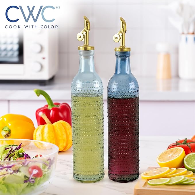 COOK WITH COLOR Glass Olive Oil Bottle Dispenser - 2 Pack- 17oz Oil and Vinegar Cruet - Olive Oil Carafe Decanter for Kitchen, Champagne Bubbles, Blue - Image 8