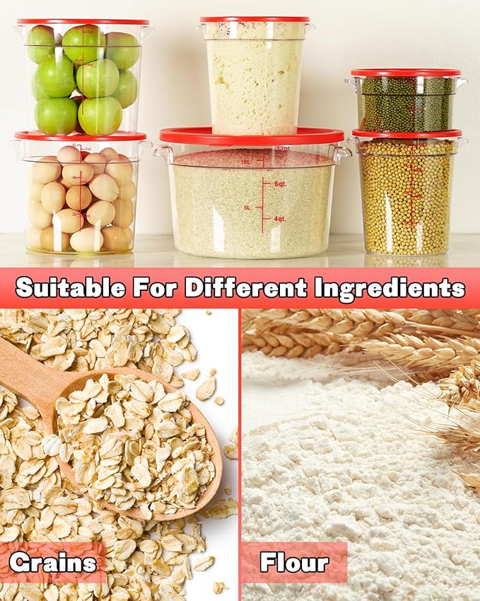 6QT NSF Round Food Storage Containers with Lids: 4 PCS [Total Food Grade][Hot&Cold Resistant] Dough Proofing Container for Pizza, Bread with Measuring Spoons Included(BPA FREE) (RED) - Image 8