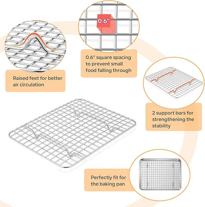 TeamFar Toaster Oven Pan with Rack Set, 9 x 7 x 1 Inch Stainless Steel Mini Baking Pan Tray with Grid Rack for Baking Roasting Cooling, Non-Toxic & Heavy-Duty, Dishwasher Safe, (2 Pans + 2 Racks)