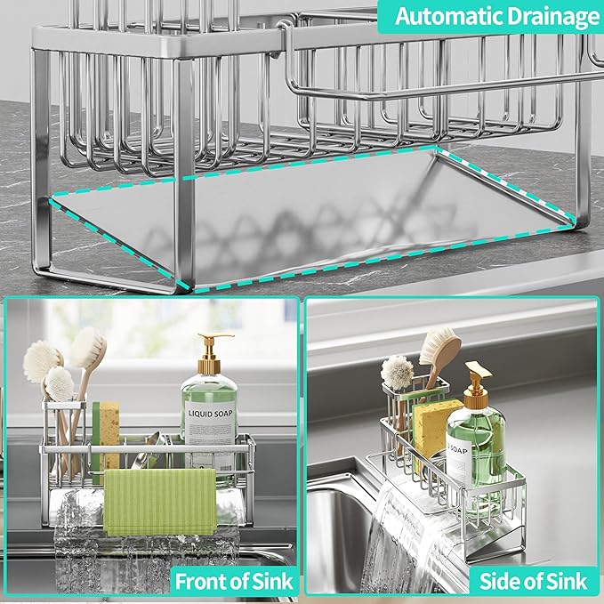 HapiRm Sponge Holder for Kitchen Sink - Self-draining Sink Caddy with Brush and Dishcloth Holders with Sloping Drainage - Silver - Image 2