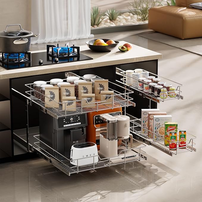 2 Tier Pull Out Cabinet Organizer 11" W X 17" D, Slide Out Drawers for Kitchen Cabinets, Pull Out Drawers for Cabinets Capacity Heavy Duty Caddy, Cabinet Pullout Shelves Chrome-Plated,Bathroom Pantry - Image 8