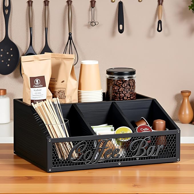 Coffee Station Organizer, Rustic Countertop Coffee Bar Accessories, 4 Compartments for Pods, Syrup, Stirrer, Tea Bags - Coffee Condiment Station Storage for Home and Office - Black - Image 4