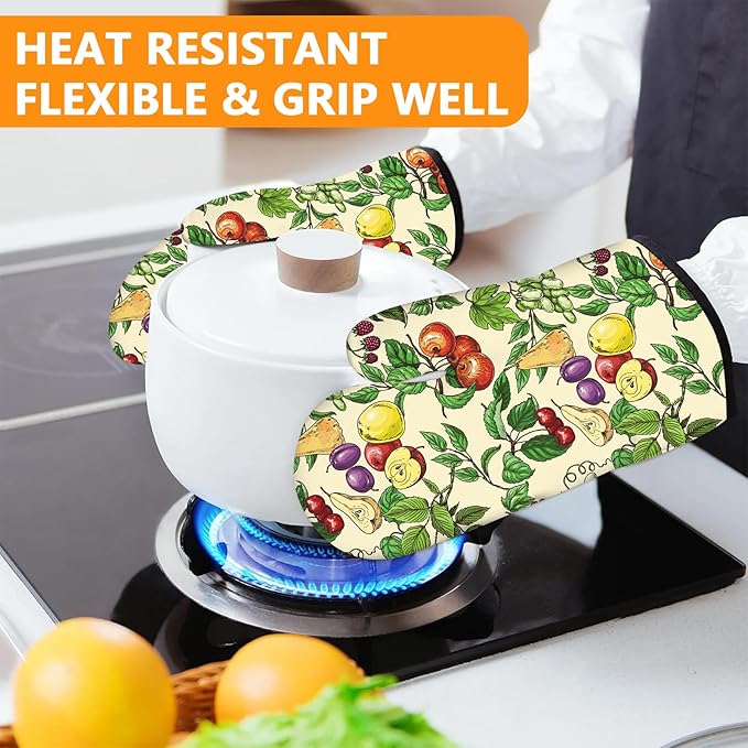 Fruit Oven Mitts and Pot Holders Sets 4Pcs,Extra Long Oven Gloves Potholder for Kitchen Cooking Baking BBQ 100% Cotton Heat Resistant - Image 6