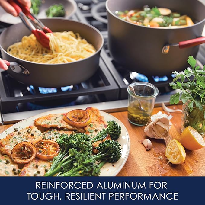 Rachael Ray - 87630 Rachael Ray Cucina Hard Anodized Nonstick Cookware Pots and Pans Set, 12 Piece, Gray with Red Handles - Image 4