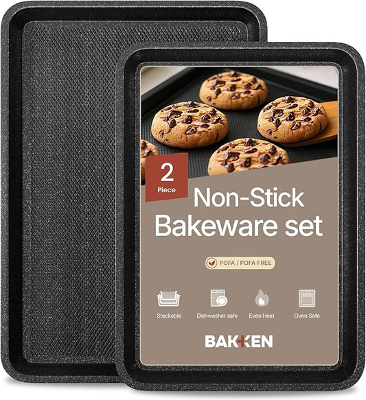 Diamond Bottom Cookie Sheet Set of 2, Nonstick Gray Marble Carbon Steel Baking Pans for Crisp Baking, Space-Saving Stackable Trays, PFOA, PFOS, PTFE Free, Oven Safe Up to 450°F, Small & Medium Pans by Unknown