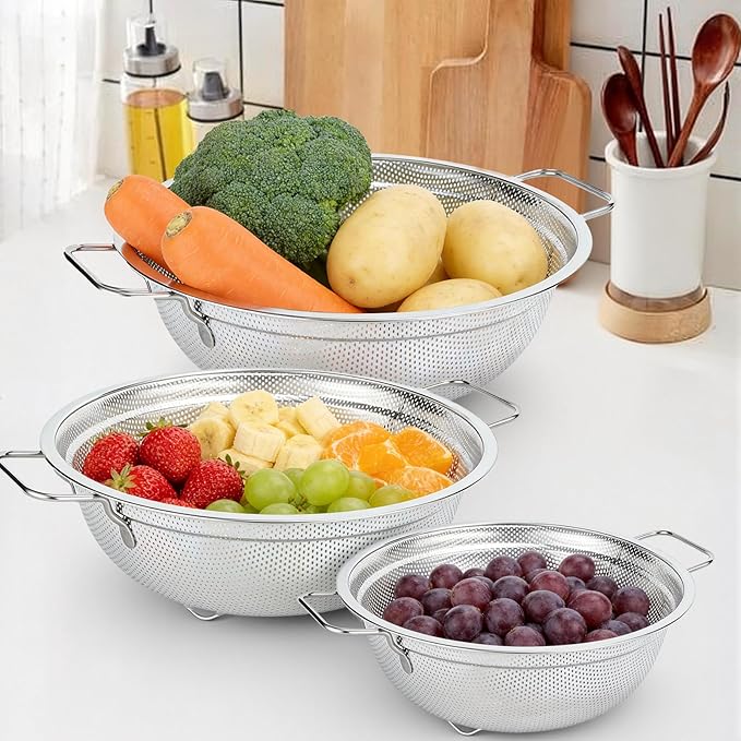 Colander Set of 3, Stainless Steel Micro-Perforated Colanders Strainers for Draining Rinsing Washing, Ideal for Pasta Vegetables Fruits, Heavy Duty & Dishwasher Safe - Image 8