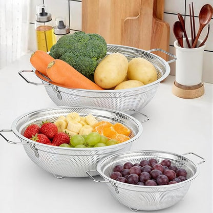 Colander Set of 3, Stainless Steel Micro-Perforated Colanders Strainers for Draining Rinsing Washing, Ideal for Pasta Vegetables Fruits, Heavy Duty & Dishwasher Safe - Image 8