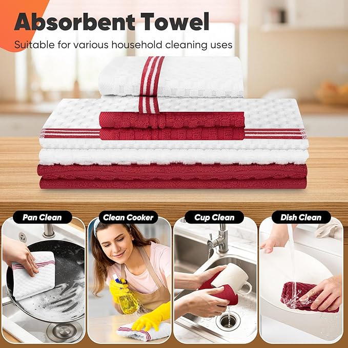 Oven Mitts Kitchen Towels and Dishcloths with Pot Holders Sets, Oven Gloves Hot Pads 500°F Heat Resistant with Silicone Grip, Include 2 Cooking Gloves/2 Potholders/4 Kitchen Towels/4 Dish Towels-Red - Image 4
