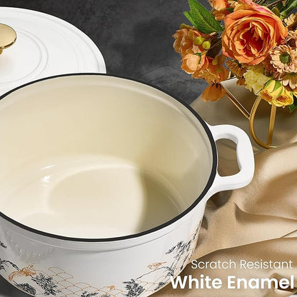 CAROTE 5QT Cast Iron Dutch Oven Pot with Lid, Enameled Floral Dutch Ovens with Gift Box, Cast Iron Pot for Sourdough Bread Baking, Braising, Stews, Roasting, Dual Handles, Healthy & Non-Toxic, All Stovetop Compatible, Oven Safe up to 500° F, White - Image 4