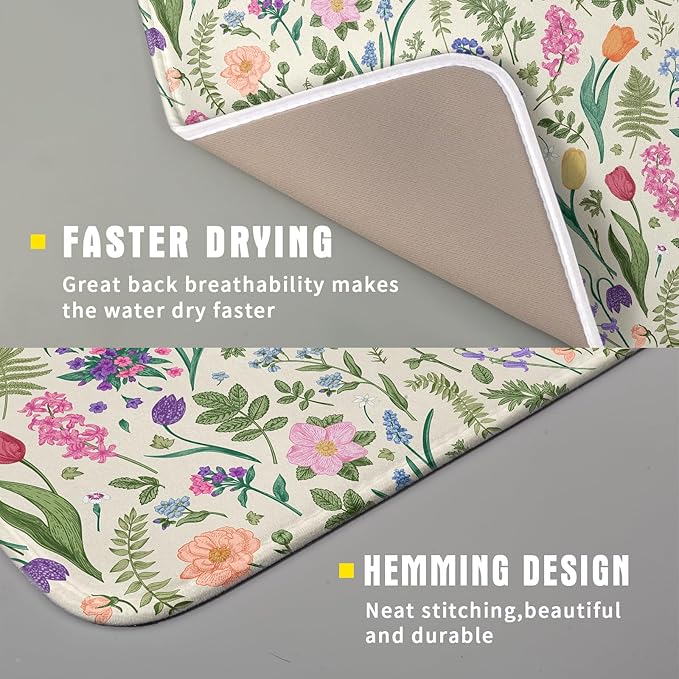 Spring Floral Dish Drying Mat for Kitchen Counter 16x18 Pink Sage Green Flower Vintage Botanical Print Absorbent Reversible Microfiber Drying Mats Kitchen Countertop Protector Dishes Drainer Rack Pad - Image 3