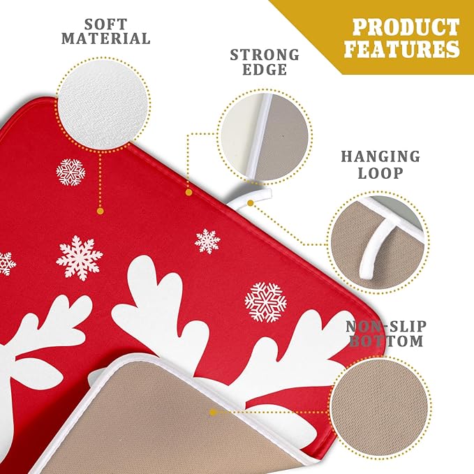 Xmas Dish Drying Mat for Kitchen Counter Cute Reindeer Holiday Snowflake Microfiber Absorbent Dish Draining Reusable Washable Foldable 16"x18" - Image 4