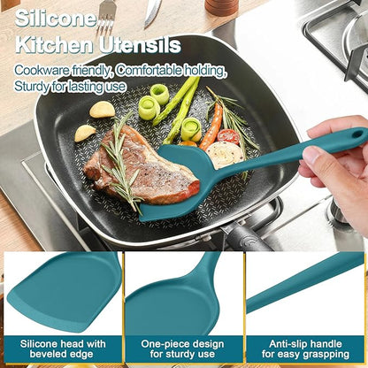 P&P CHEF Kitchen Utensil Set, 4 Pieces Non-stick Silicone Cooking Utensils, Heat-resistant Slotted Solid Spoon Turner for Frying, Mixing, Serving, Non-toxic & Easy to Clean, Blue - Image 3