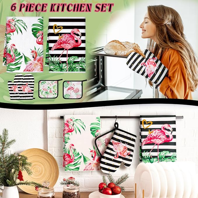 Bencailor 6 Pcs Flamingo Kitchen Towels Oven Mitts and Pot Holders Set Decorative Dish Towels Tea Washcloth Non Slip Heat Resistant Oven Gloves for Summer Home Cooking Baking, Pink - Image 2
