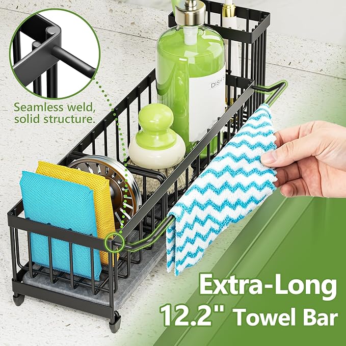 Cisily Large Sink Caddy Organizer with Towel Holder, Quick Dry Sponge Holder for Kitchen, Black Dish Brush Holder for Countertop, Kitchen Decor Storage and Essentials - Image 4
