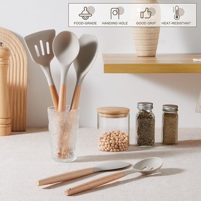E-far Silicone Cooking Utensils Set, 10-Piece Heat Resistant Kitchen Utensils Set with Wooden Handle for Nonstick Cookware, Kitchen Nonstick Tools Spatula Whisk Tongs Ladle, Non-toxic & Healthy(Khaki) - Image 5