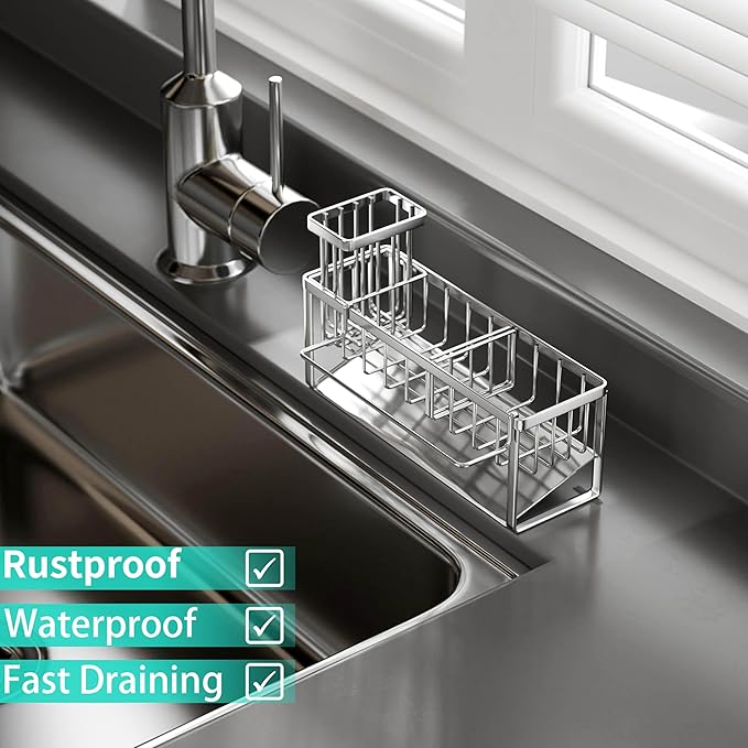 HapiRm Sponge Holder for Kitchen Sink - Self-draining Sink Caddy with Brush and Dishcloth Holders with Sloping Drainage - Silver - Image 5