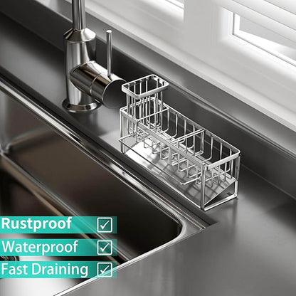 HapiRm Sponge Holder for Kitchen Sink - Self-draining Sink Caddy with Brush and Dishcloth Holders with Sloping Drainage - Silver - Image 5