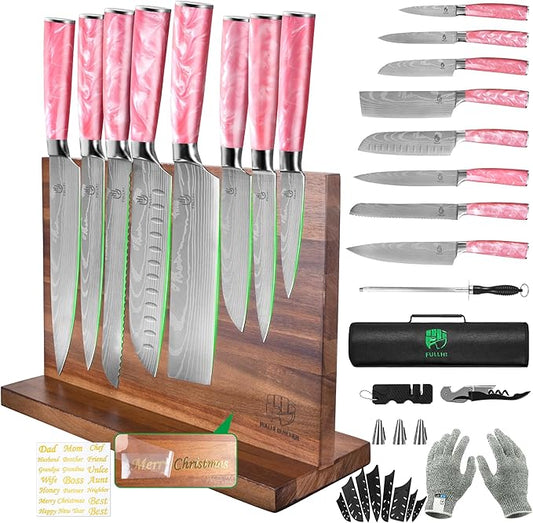 FULLHI 15pcs Japanese Knife Set with Magnetic Knife Block Holder, Stainless Steel Blades, Pink Resin Ergonomic Handles for Professional and Home Cooking