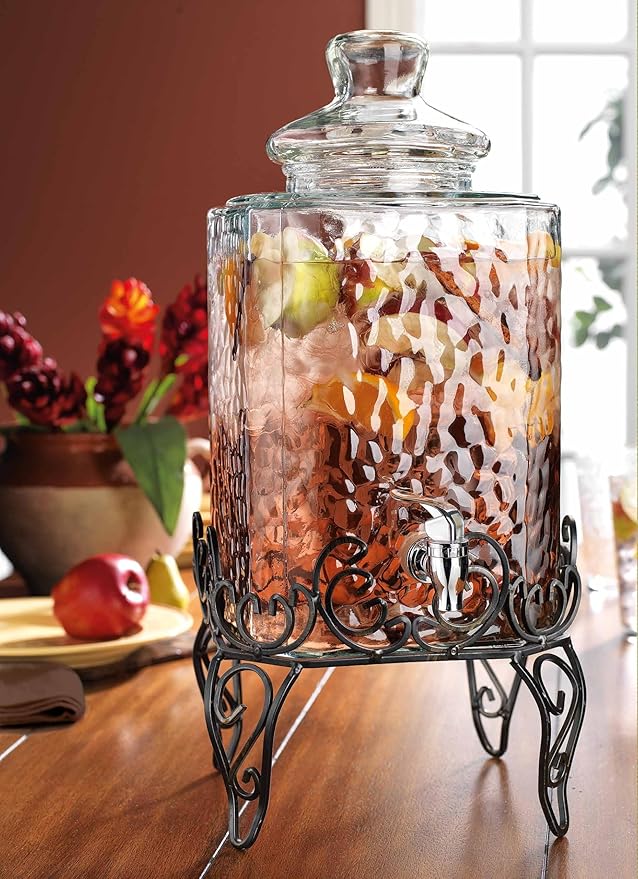 MosJos 2.5 Gallon Classic Hammered Glass Beverage Dispenser with Elegant Stand - Glass Drink Dispenser with 100% Leak Proof Spigot, Party Drink Dispensers for Lemonade, Punch, Water, Juice - Image 4