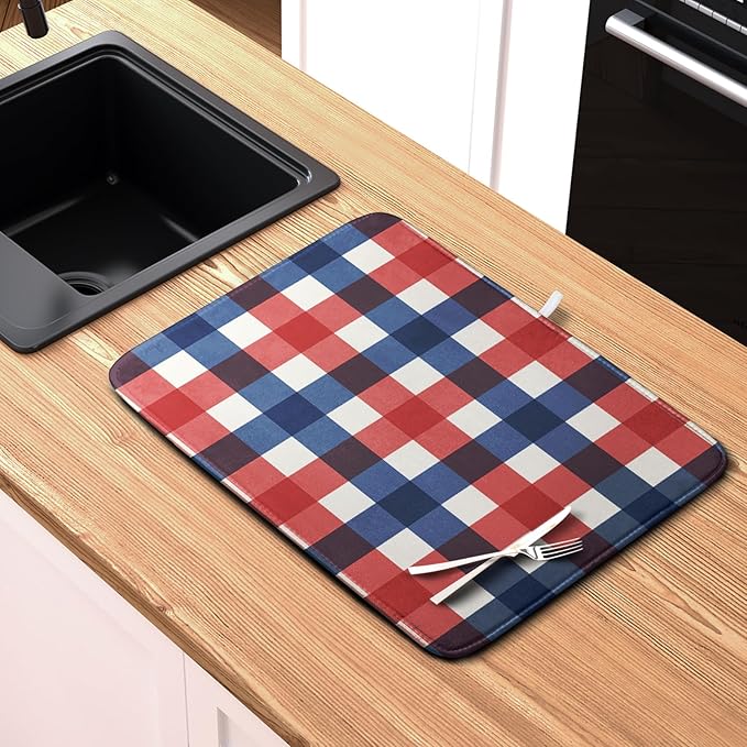 4th of July Dish Drying Mat Patriotic Buffalo Plaid Drying Mats for Kitchen Counter Absorbent Microfiber Dish Drainer Pad Independence Memorial Day Dish Draining Mat 16x18 Inch - Image 6