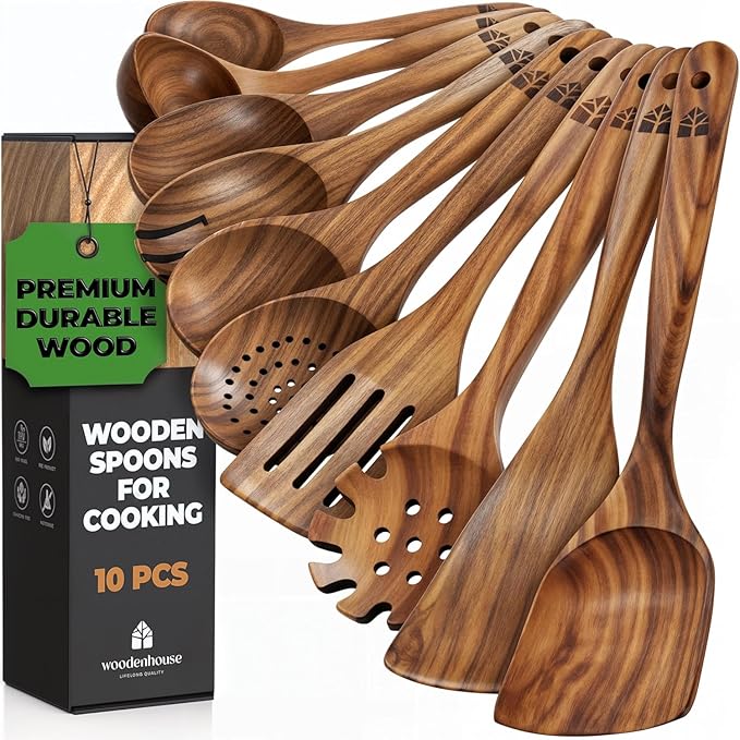 Wooden Spoons for Cooking – 10 Pcs Teak Wood Utensil Set, Durable, Nonstick Safe & Heat Resistant with Ergonomic Handles by Woodenhouse