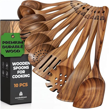 Wooden Spoons for Cooking – 10 Pcs Teak Wood Utensil Set, Durable, Nonstick Safe & Heat Resistant with Ergonomic Handles by Woodenhouse