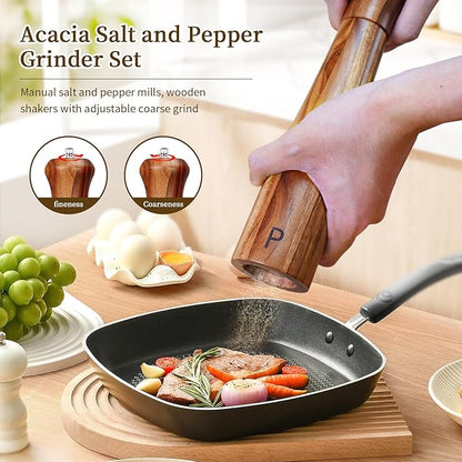 Haomacro 2 Pack 10 Inch Acacia Wooden Salt and Pepper Grinder Set, Manual Salt and Pepper Mills, Salt Grinder Refillable with Adjustable Coarseness, Ceramic/Stainless Steel Core Tableware Gifts - Image 2