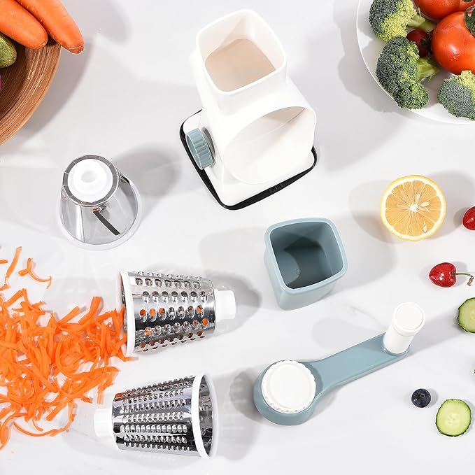 Rotary Cheese Grater with Handle Kitchen Shredder Slicer Grater Slicer Ice Shaver Cheese Vegetable Nuts Potato Zucchini Chocolate 3 Interchangeable Blades (WhiteBlue) - Image 8