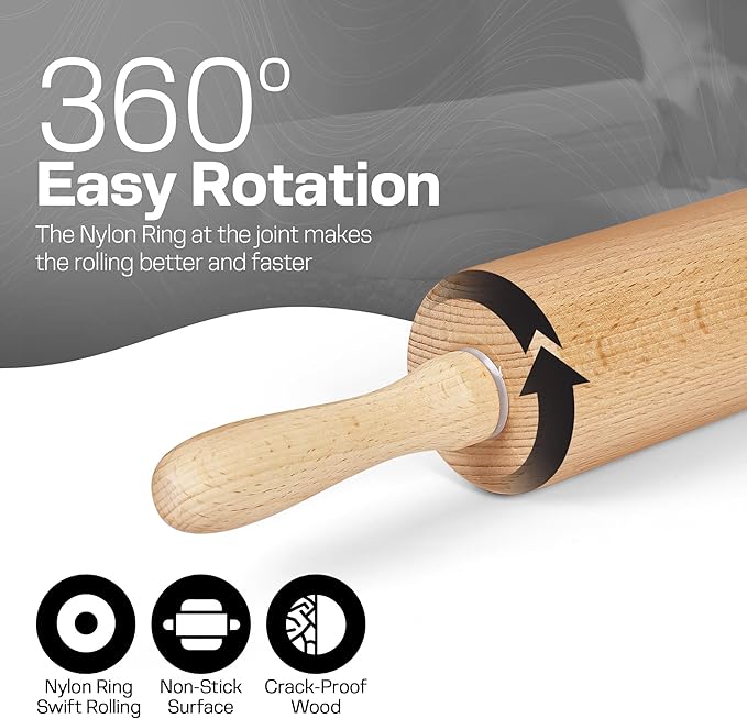 Wooden Rolling Pin 17.6 Inch with Rotating Ergonomic Handles – Classic Beech Wood Dough Roller for Baking Pizza, Pastry, Bread, and Cookies - Image 3