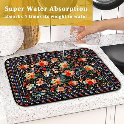 Black Flowers Dish Drying Pad Boho Floral Washable Microfiber Kitchen Mat for Home Decor - Image 7