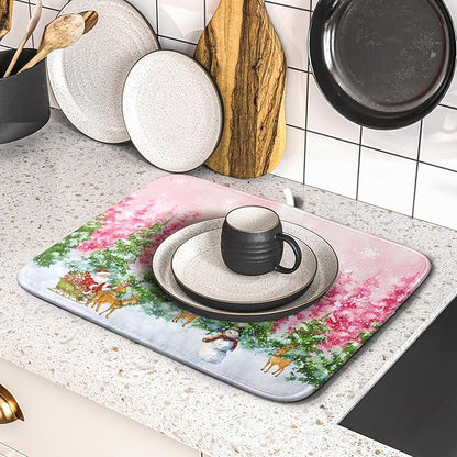 Santa Claus Dish Drying Mats for Kitchen Counter Watercolor Forest Decoration Coffee Mat for Table Decor - Image 5