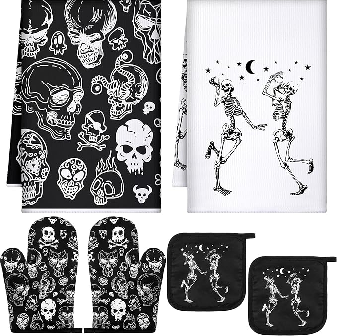 Leinuosen 6 Pcs Skull Kitchen Decor Set Kitchen Towels Gothic Oven Mitts and Pot Holders Skeleton Hand Dish Towels Horror Oven Mitts for Home Decoration Party Gifts (Classic Color,Skull) by Leinuosen