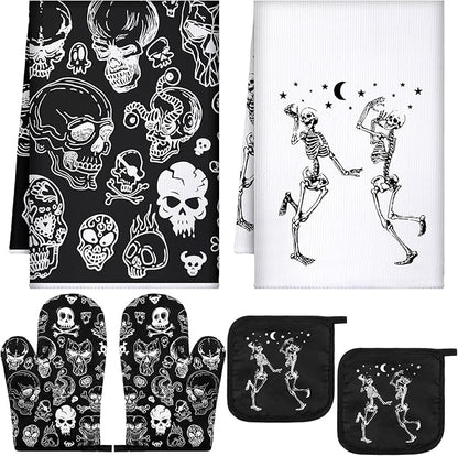 Leinuosen 6 Pcs Skull Kitchen Decor Set Kitchen Towels Gothic Oven Mitts and Pot Holders Skeleton Hand Dish Towels Horror Oven Mitts for Home Decoration Party Gifts (Classic Color,Skull) by Leinuosen